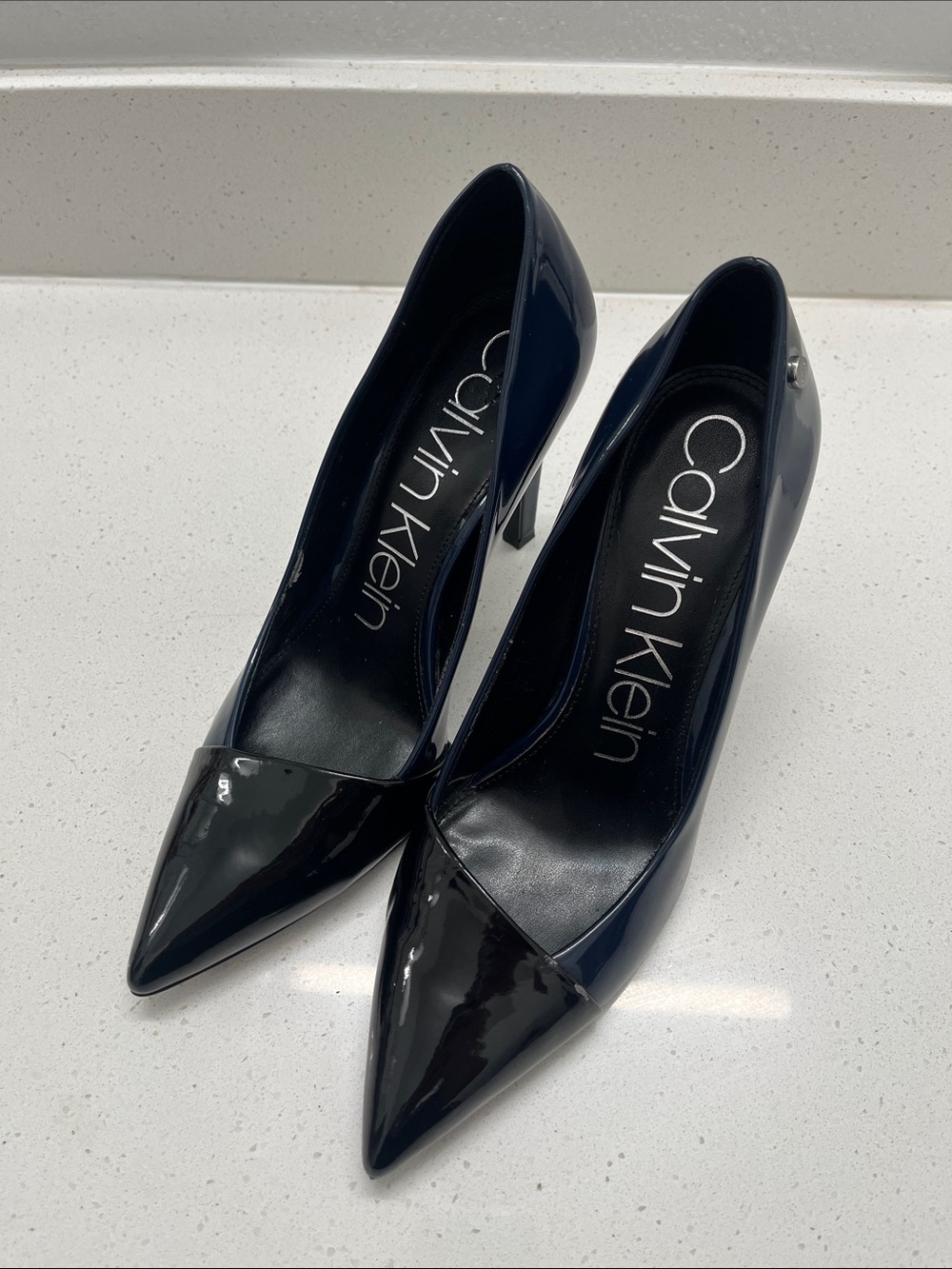 Calvin Klein Navy Pumps with Black Patent Pointed Toe size 10
